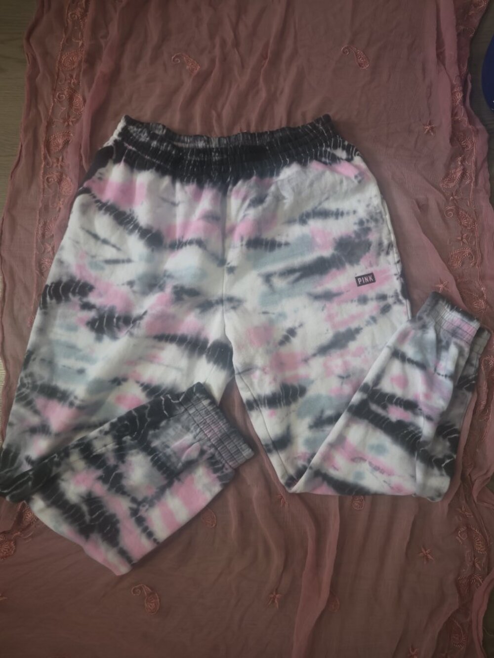 PINK Victoria's Secret tie dye sweatpants joggers 'pink' on left hip in white L